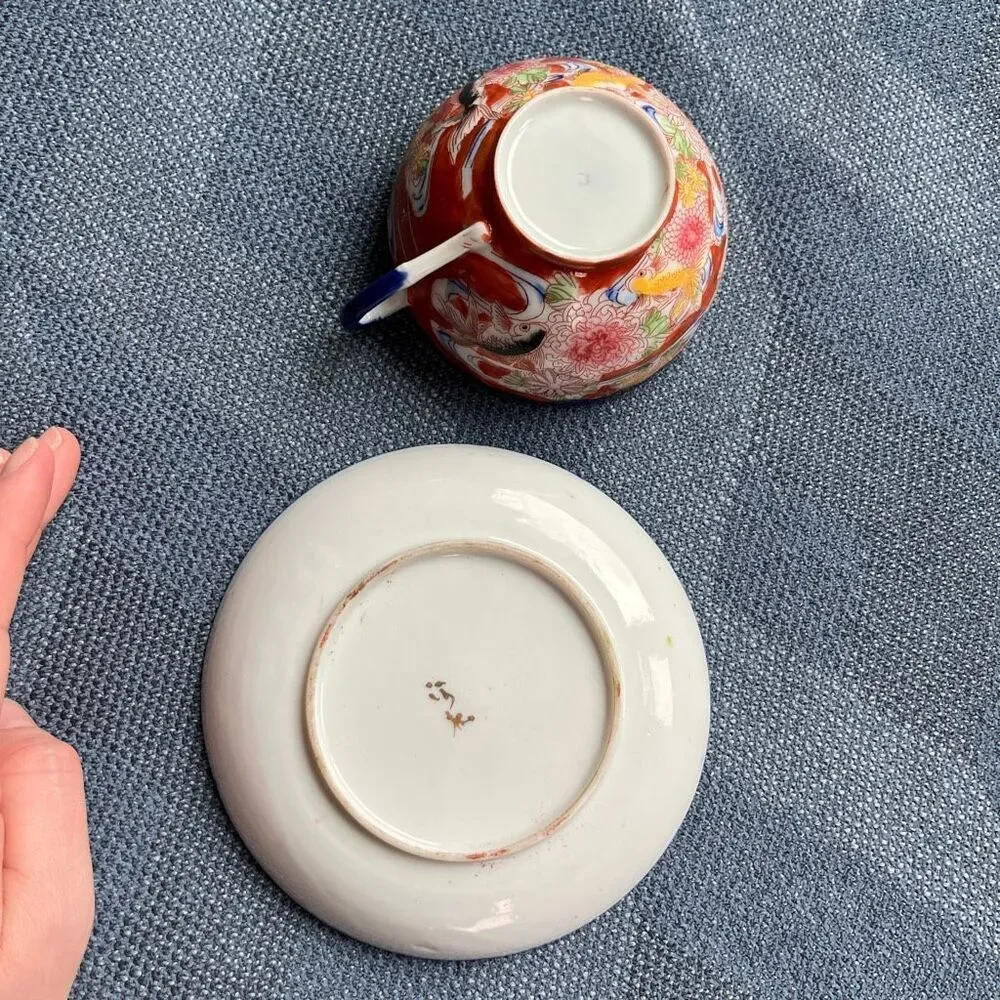 VTG Japanese Koi Fish Teacup & Saucer Set Red Floral Cobalt Rim Porcelain